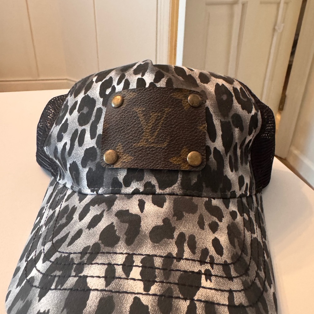 Custom Leopard Print Trucker Hat with Authentic Louis Vuitton Patch